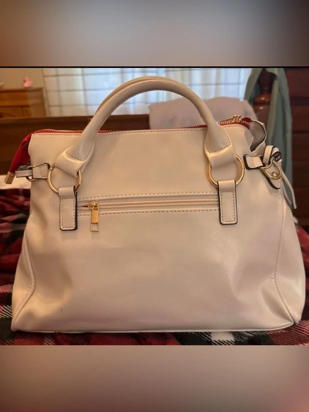 Cream Top-Handle Satchel Handbag with Tassel Accents